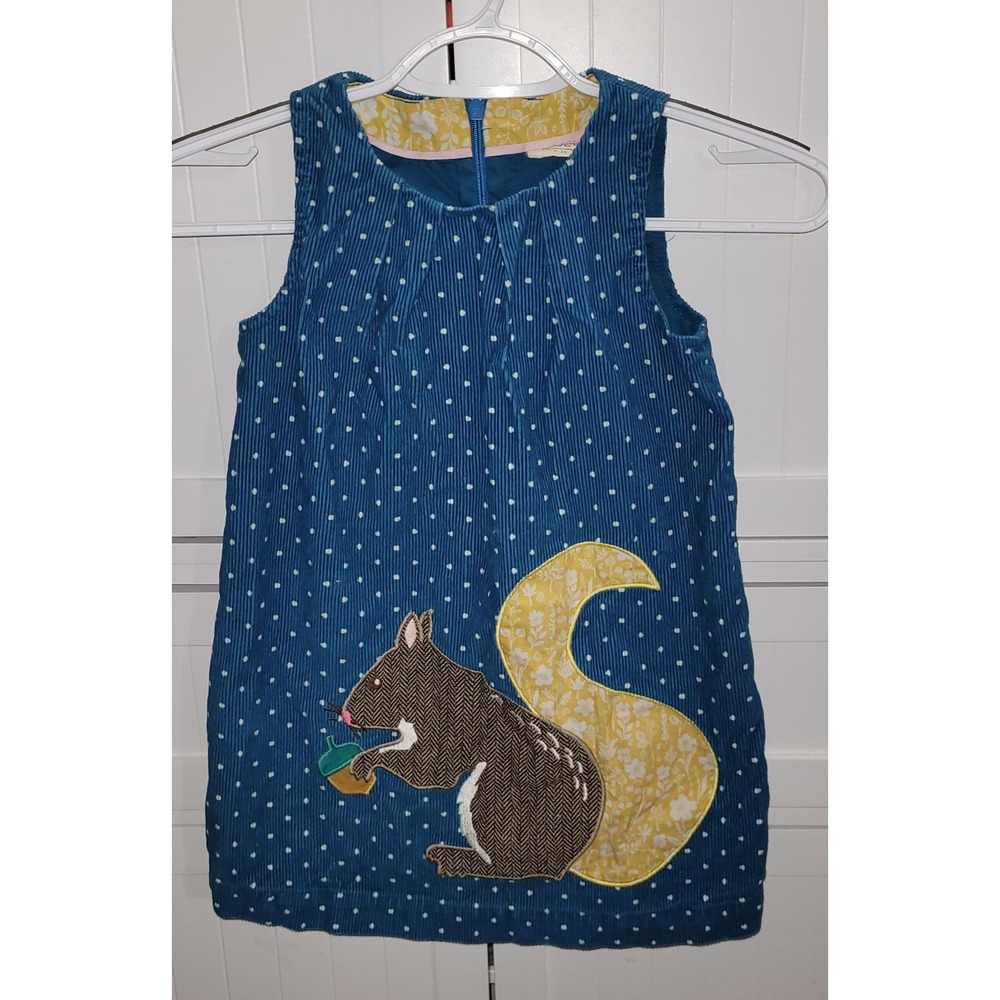 Mini Boden Girls Teal Blue Corduroy Squirrel Polka Dot Jumper Dress 4-5Y 33389